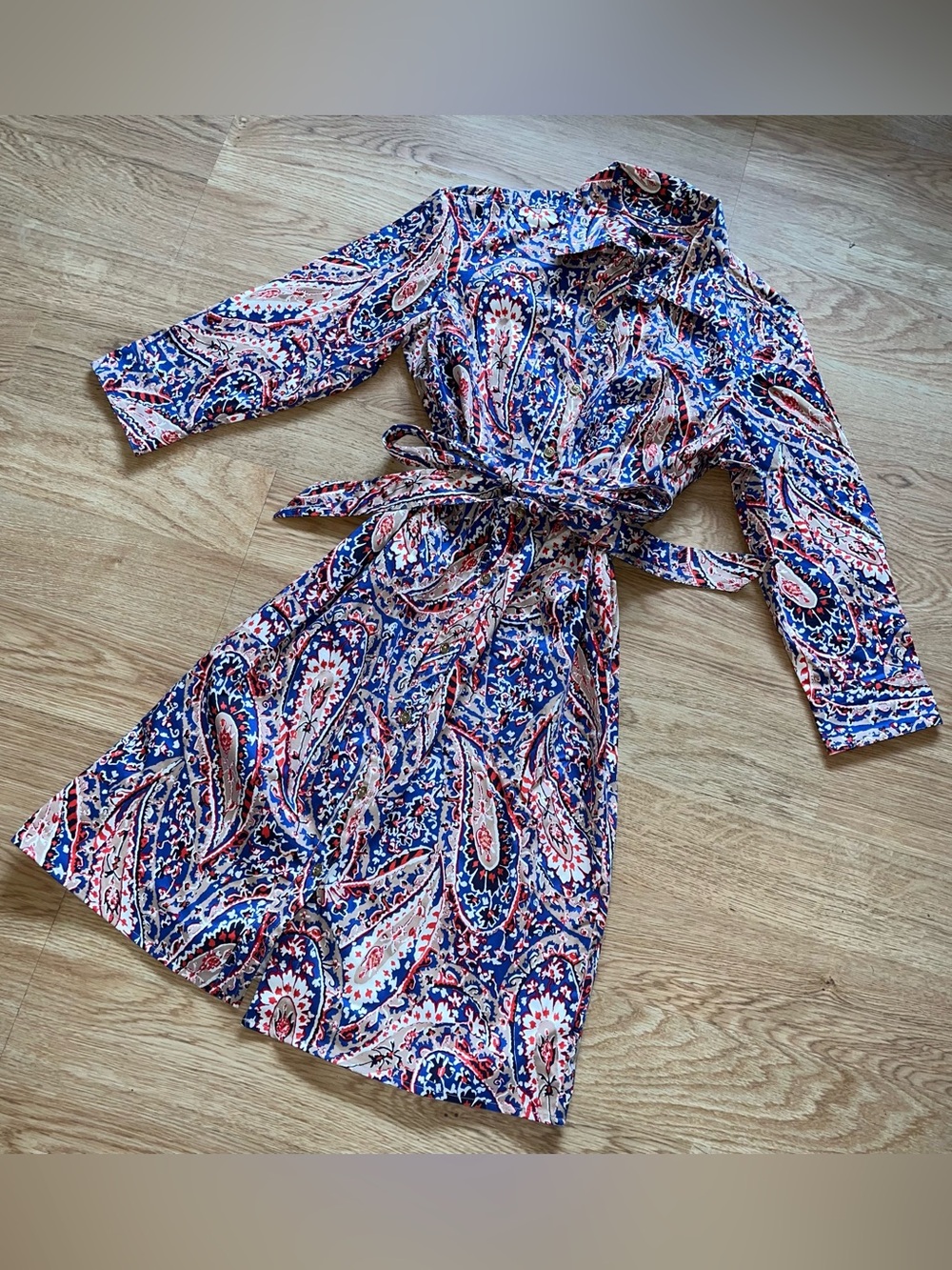 Talbots Red White Blue Tan Paisley Floral Print Button Front 3/4 Sleeve Dress